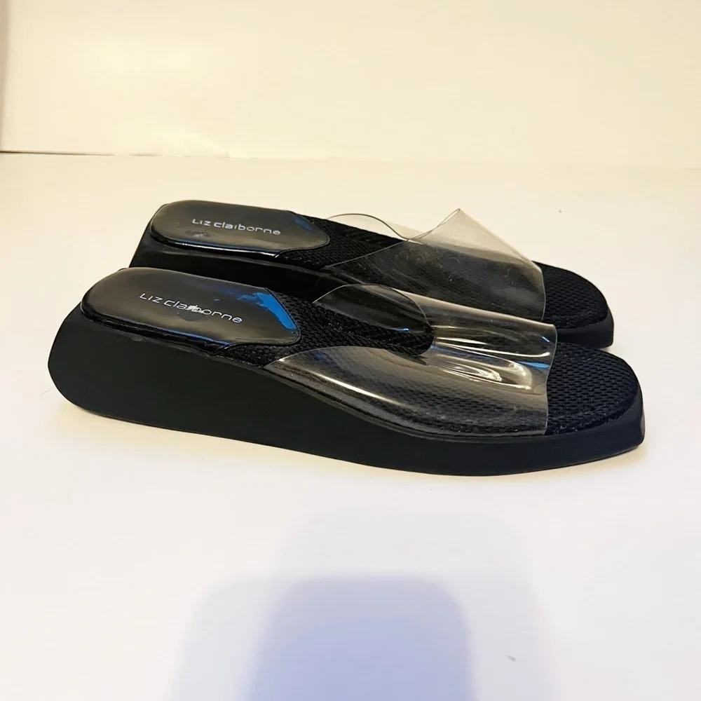 Liz Claiborne Clear Band Black Beach Platform Slides
